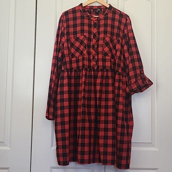 Suzanne Betro Plus Buffalo Plaid Red Bkack Babydoll Dress Long Sleeve Size 2X - Picture 1 of 13